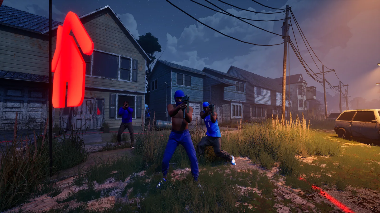 Hood Warfare 2 blue-clad characters aiming between houses under overhead wires at dusk.