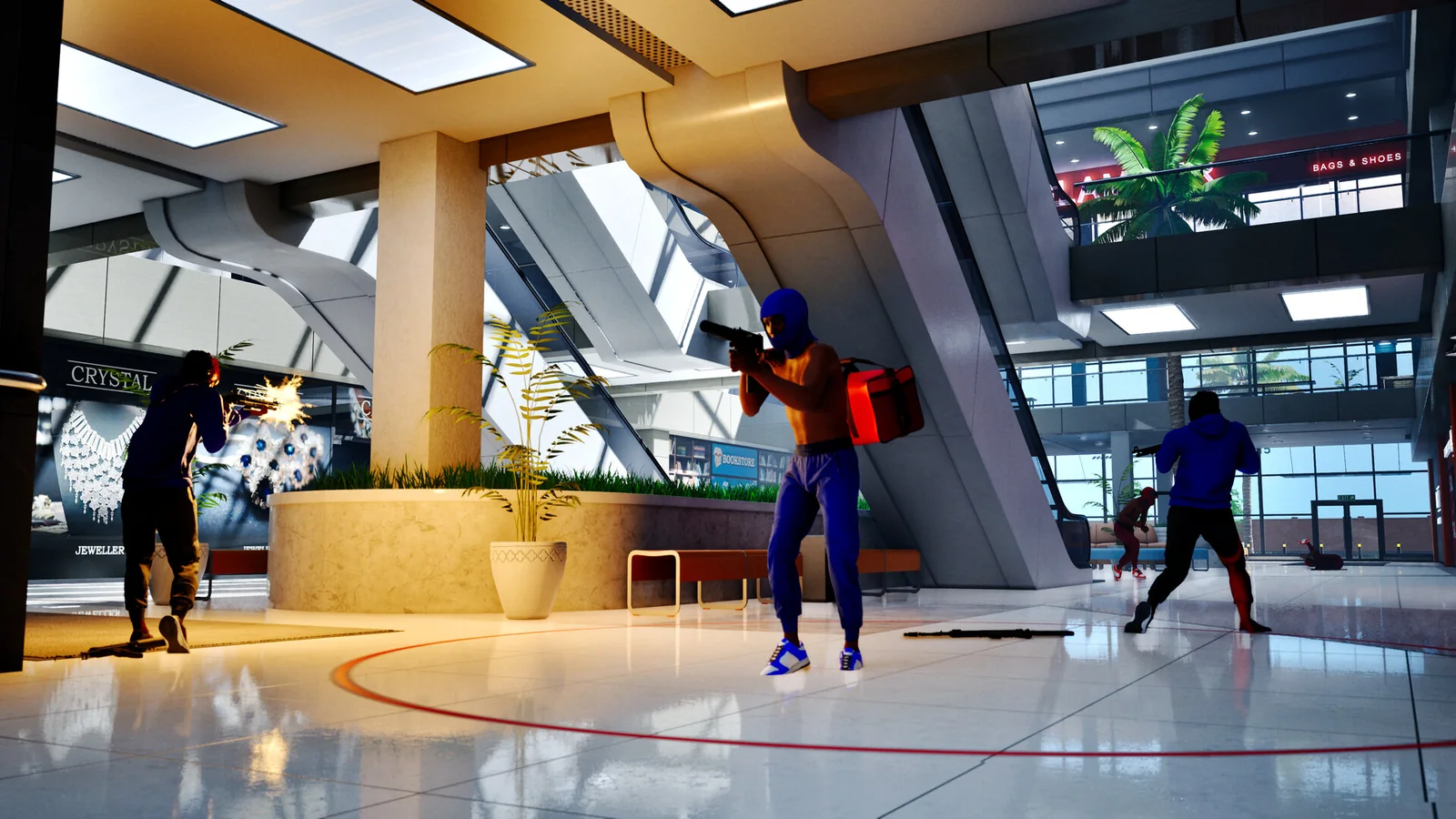 Hood Warfare 2 bright shopping mall atrium with escalators and characters in a firefight.