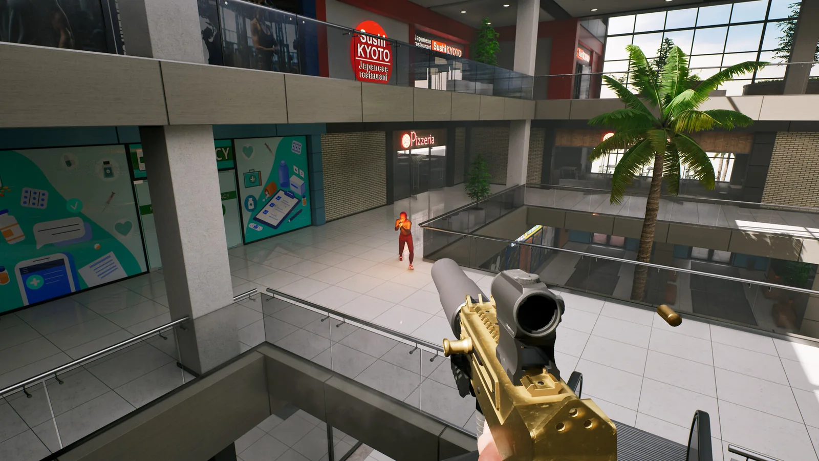 Hood Warfare 2 first-person gold-colored weapon aimed across an upper-floor shopping mall walkway.