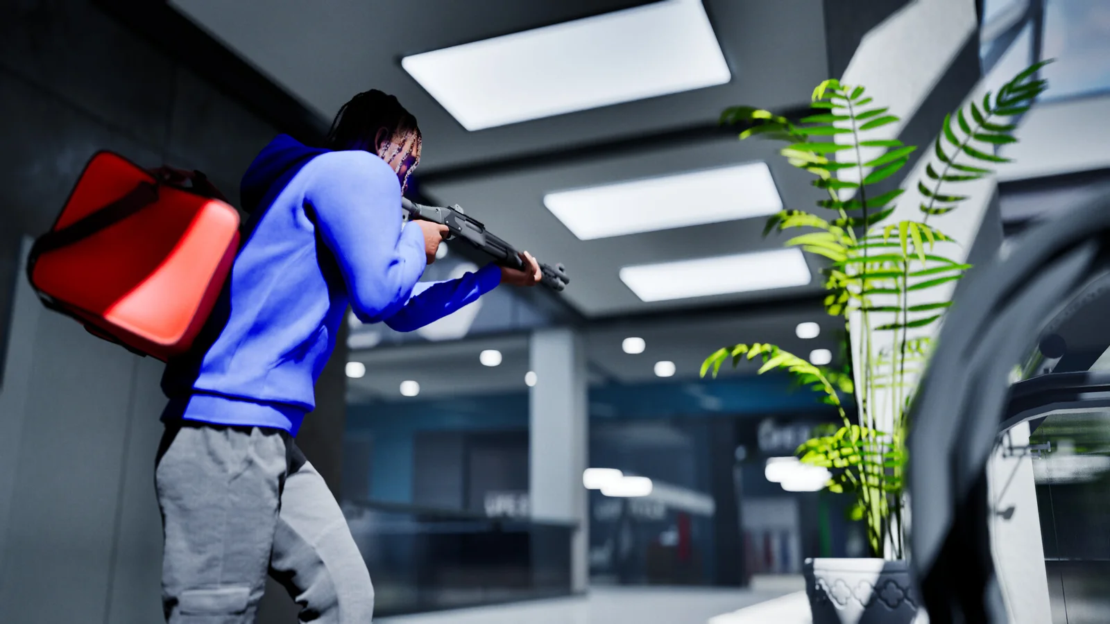 Hood Warfare 2 blue-hooded character carrying a red bag and a long gun inside a shopping mall.