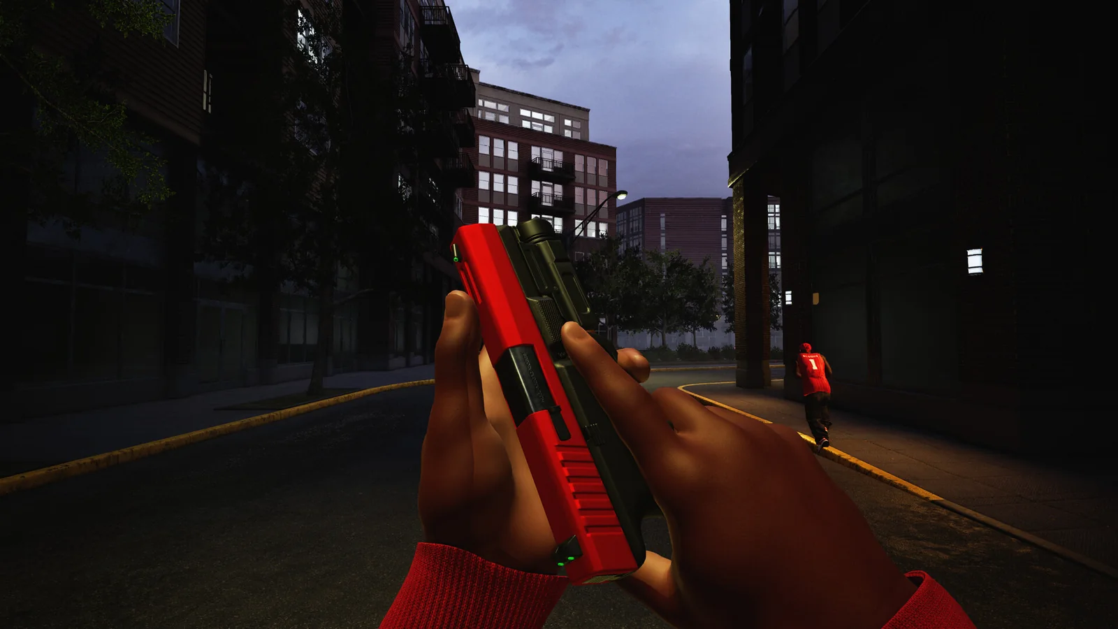 Hood Warfare 2 close-up of a red pistol on a dim city street with a red-clad character ahead.