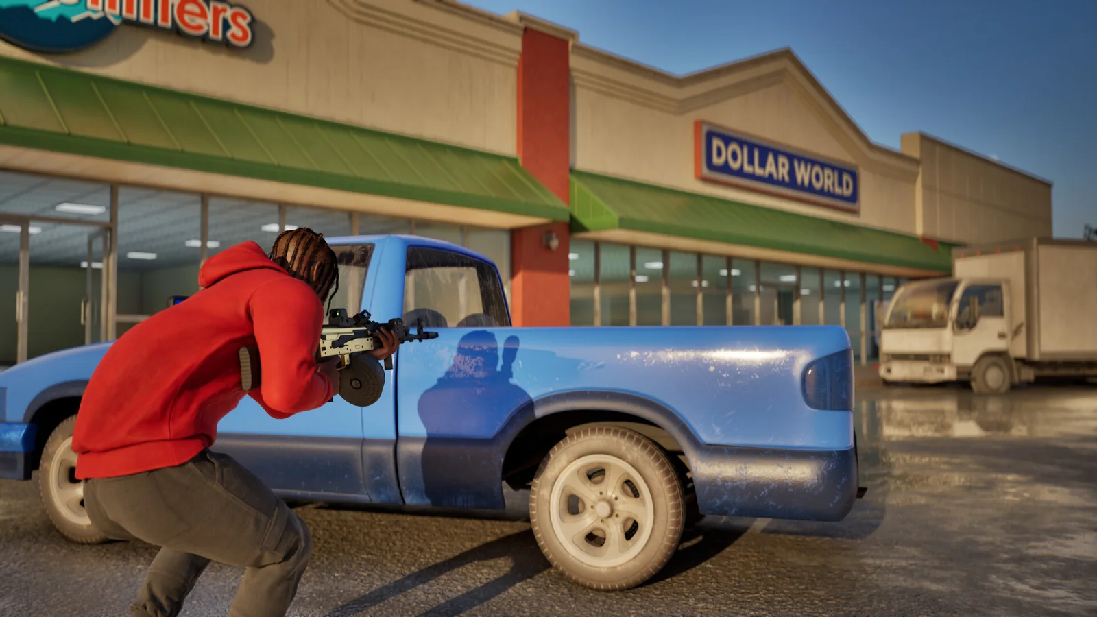 Hood Warfare 2 red-hooded character aiming a drum-magazine firearm beside a blue pickup outside retail stores.