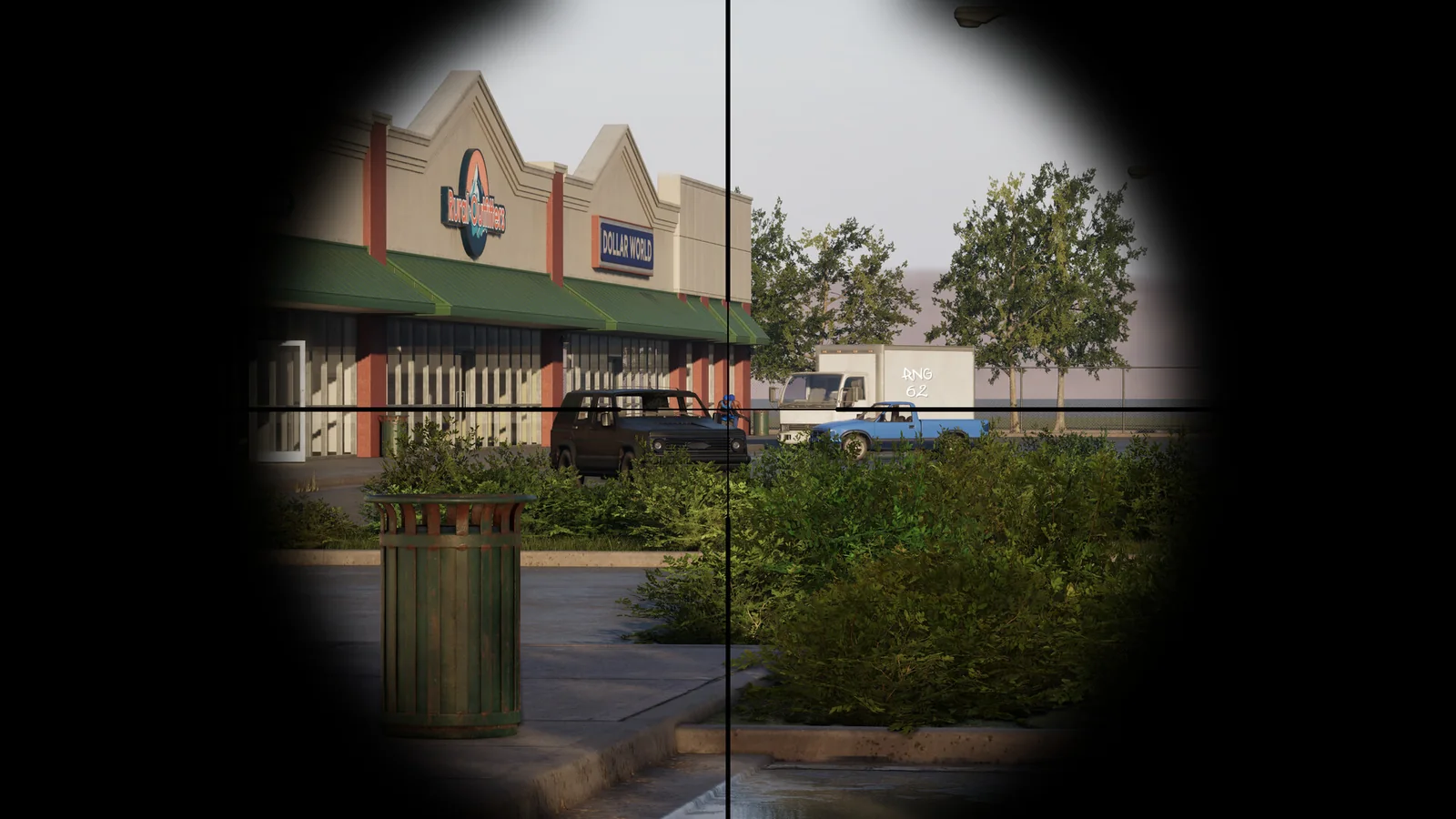 Hood Warfare 2 rifle scope view across bushes toward a parked vehicle and a blue-clad character outside retail stores.