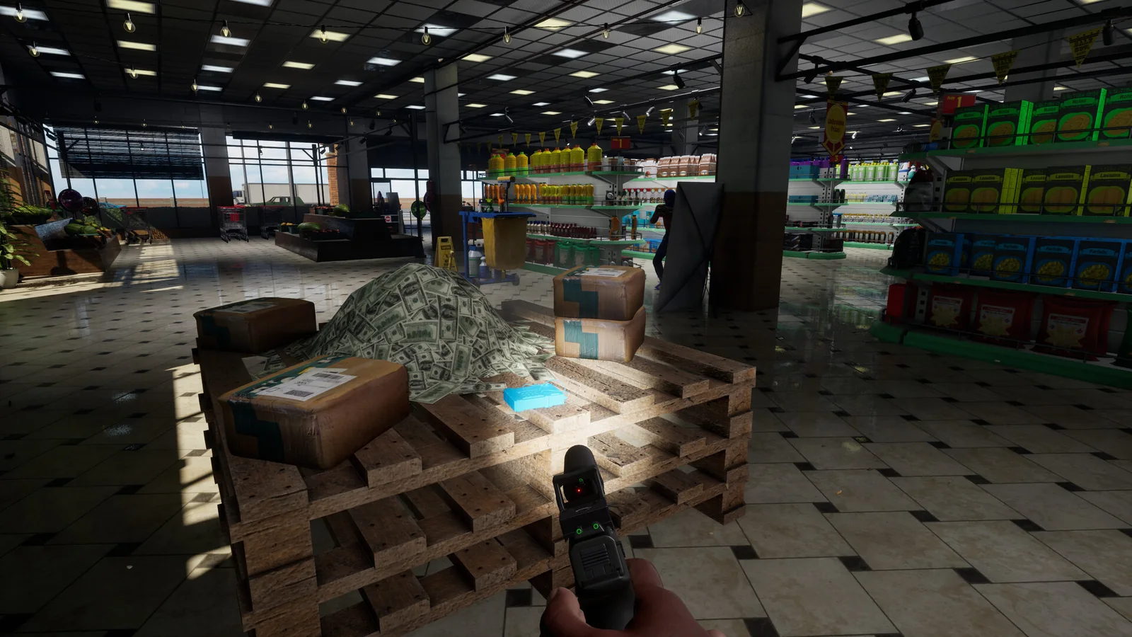 Hood Warfare 2 first-person pistol view inside a grocery store beside pallets, boxes and a pile of cash.
