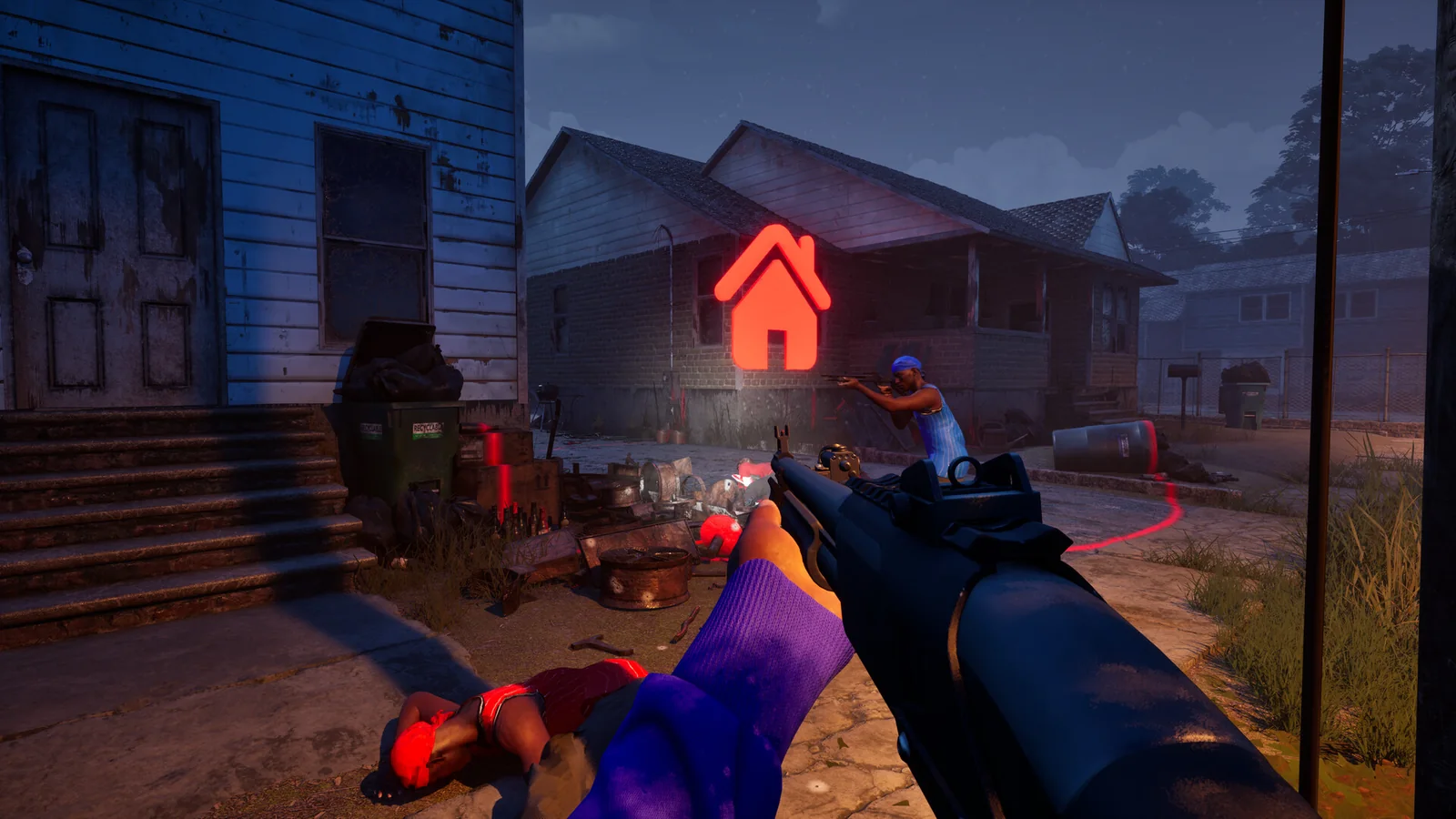 Hood Warfare 2 first-person view beside a red house marker on a residential street.
