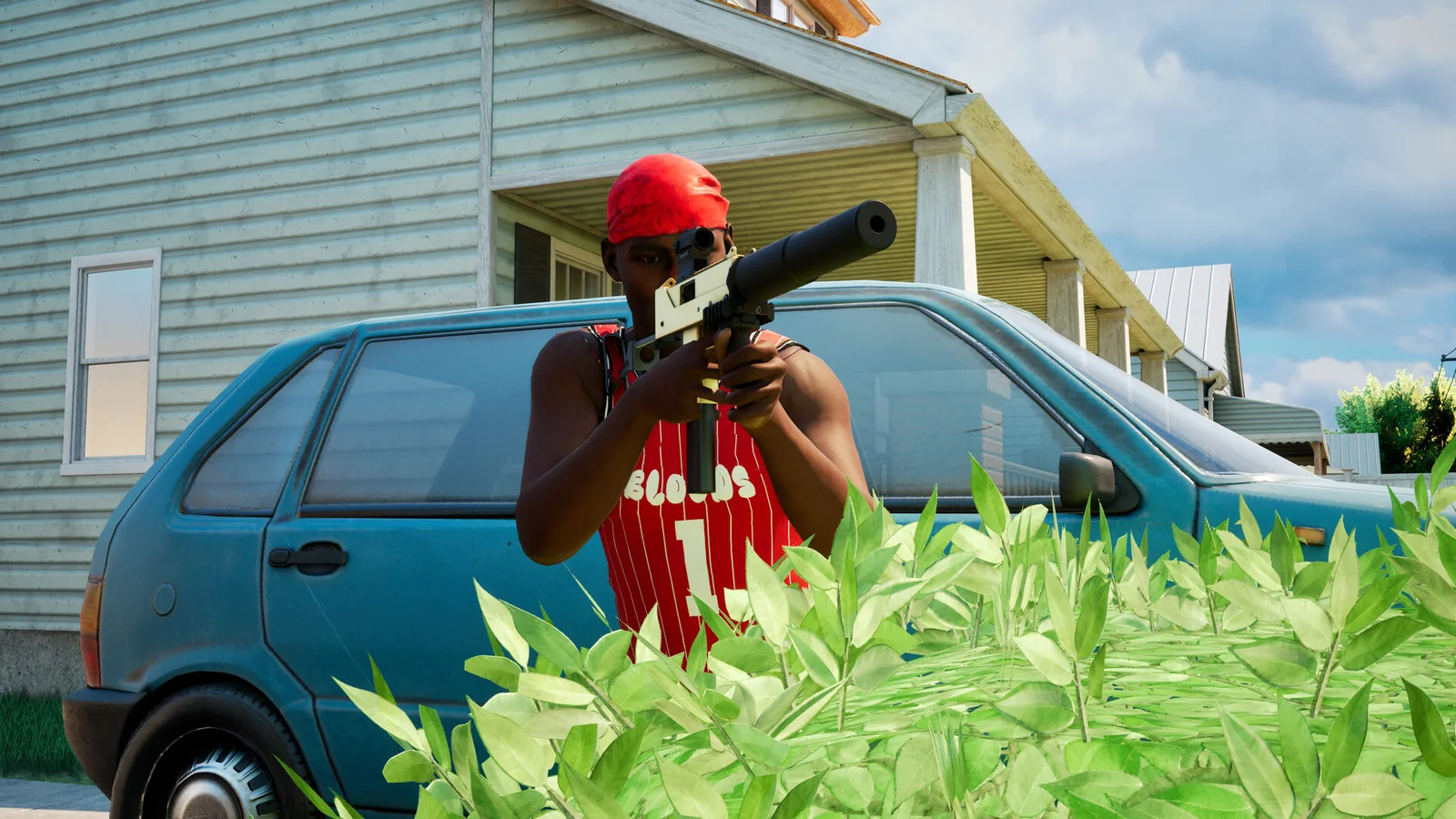 Hood Warfare 2 red-clad character aiming a suppressed weapon beside a blue hatchback and a house.