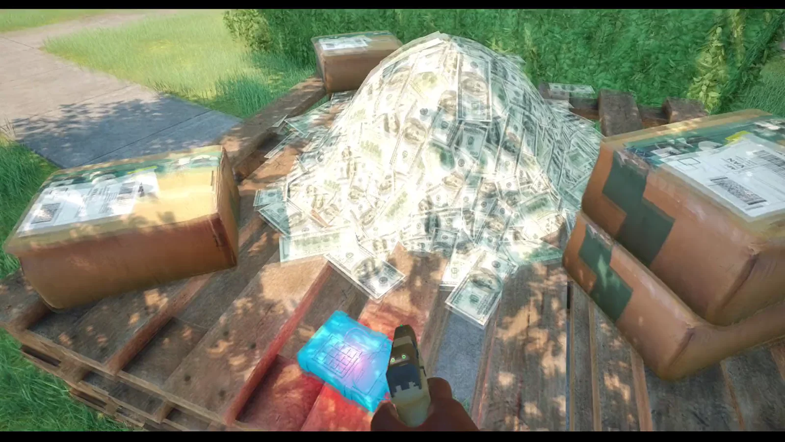 Hood Warfare 2 first-person pistol view across a sunny garden with a white fence and detached garage.