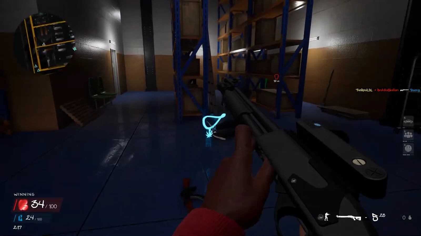 A blue enemy chain lies beside stockroom shelving as the red-team player approaches in Hood Warfare 2 Chain Snatch.