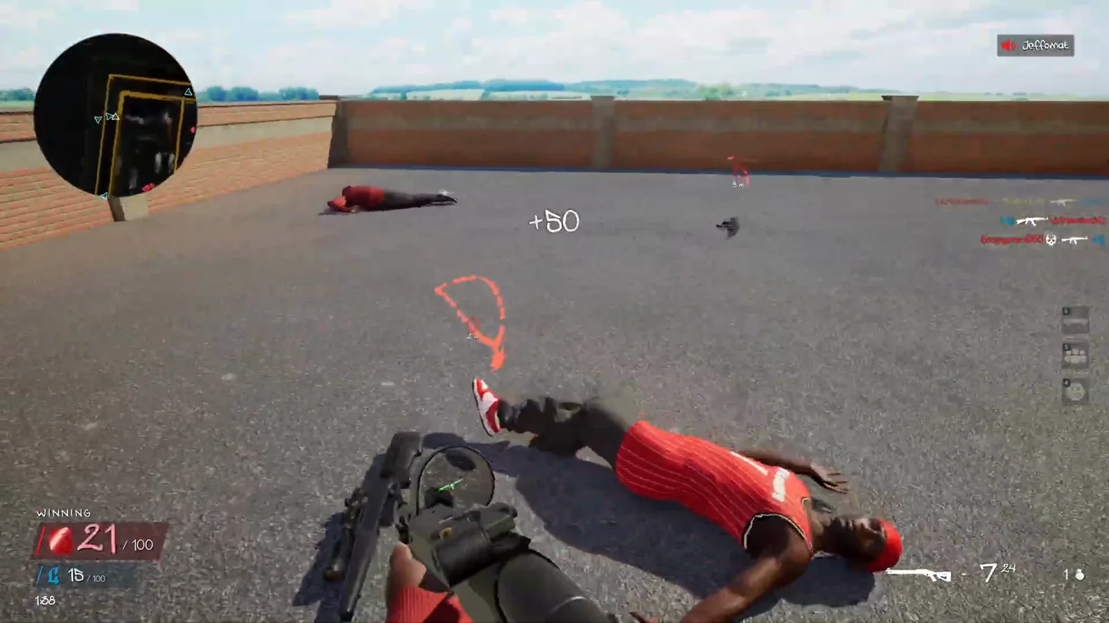 A red friendly chain floats beside a fallen red-team character in Hood Warfare 2 Chain Snatch on Supermarket.