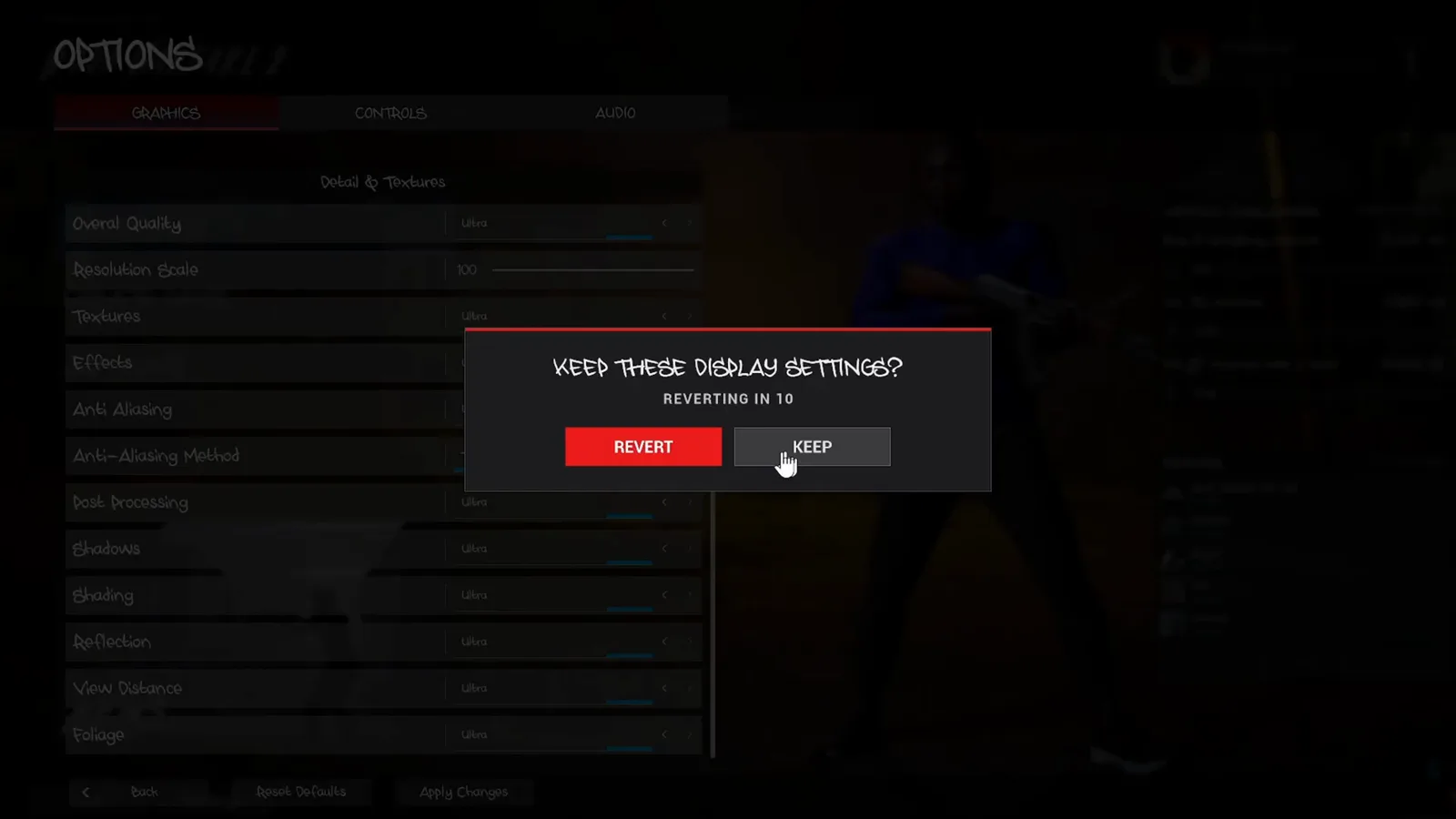 Hood Warfare 2 Keep These Display Settings confirmation offers Revert and Keep buttons with a reverting countdown.