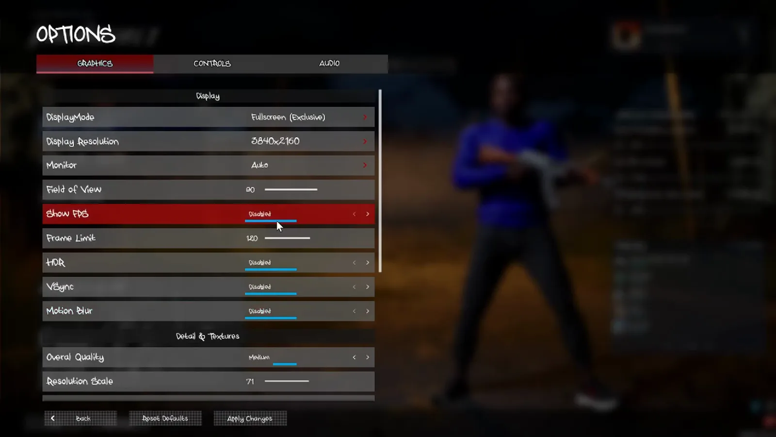 Hood Warfare 2 Graphics menu places Show FPS and Frame Limit below Display Resolution and Field of View.