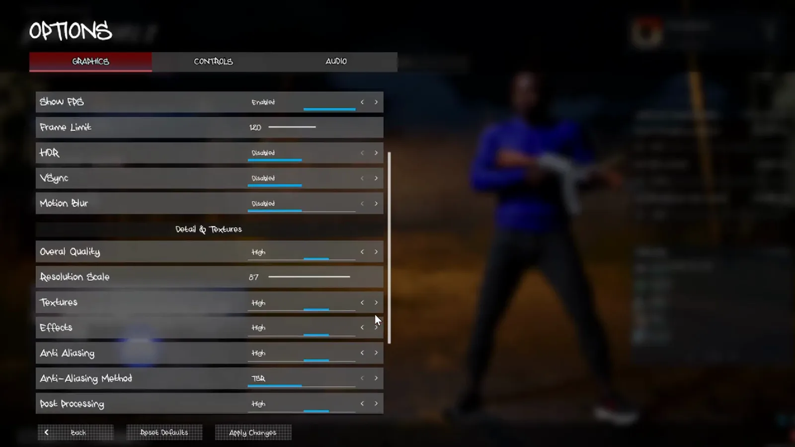 Hood Warfare 2 Detail and Textures panel shows Resolution Scale, Textures, Effects and the TSR Anti-Aliasing Method.