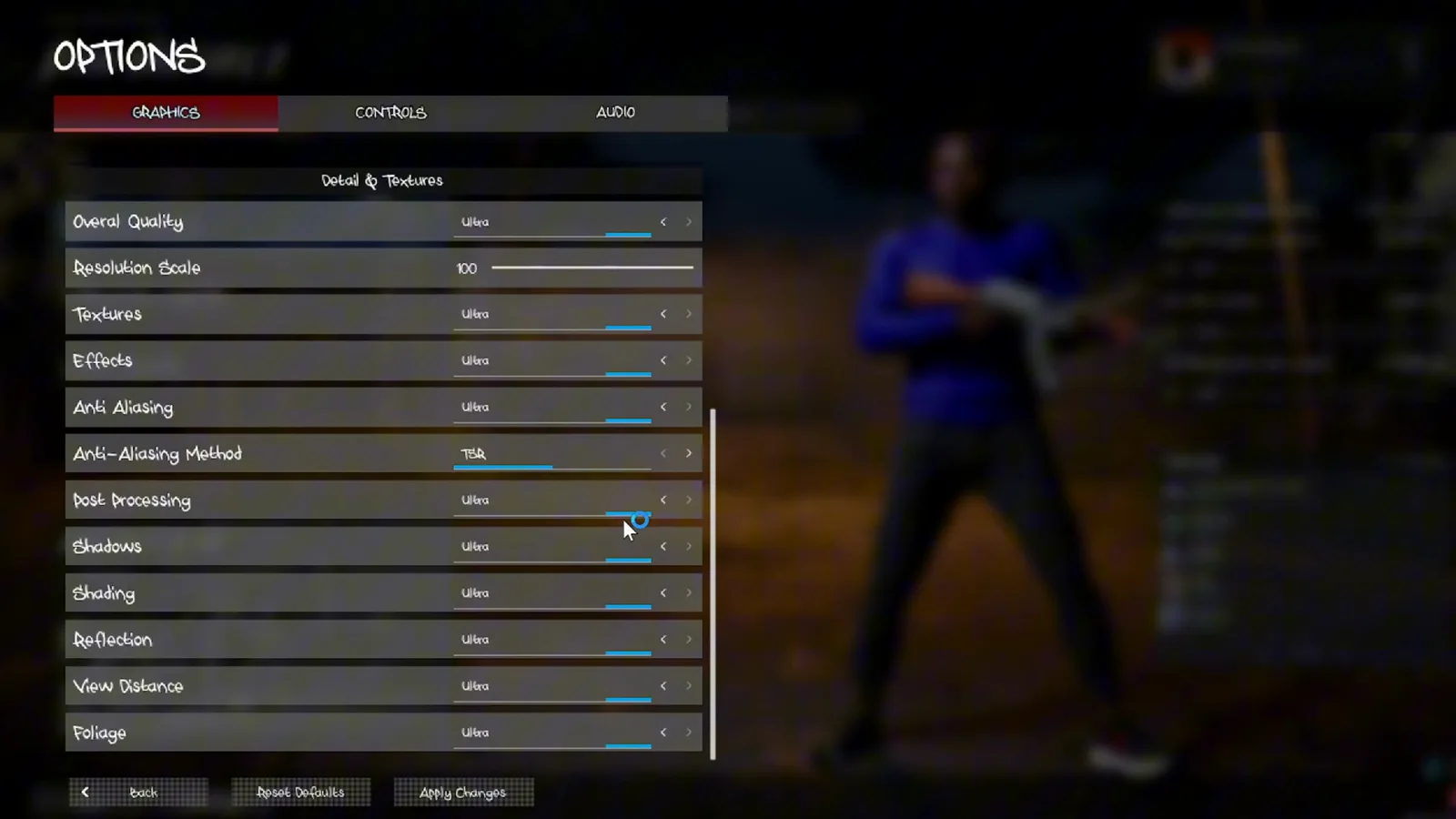 Hood Warfare 2 lower Graphics panel lists individual Shadows, Shading, Reflection, View Distance and Foliage settings.