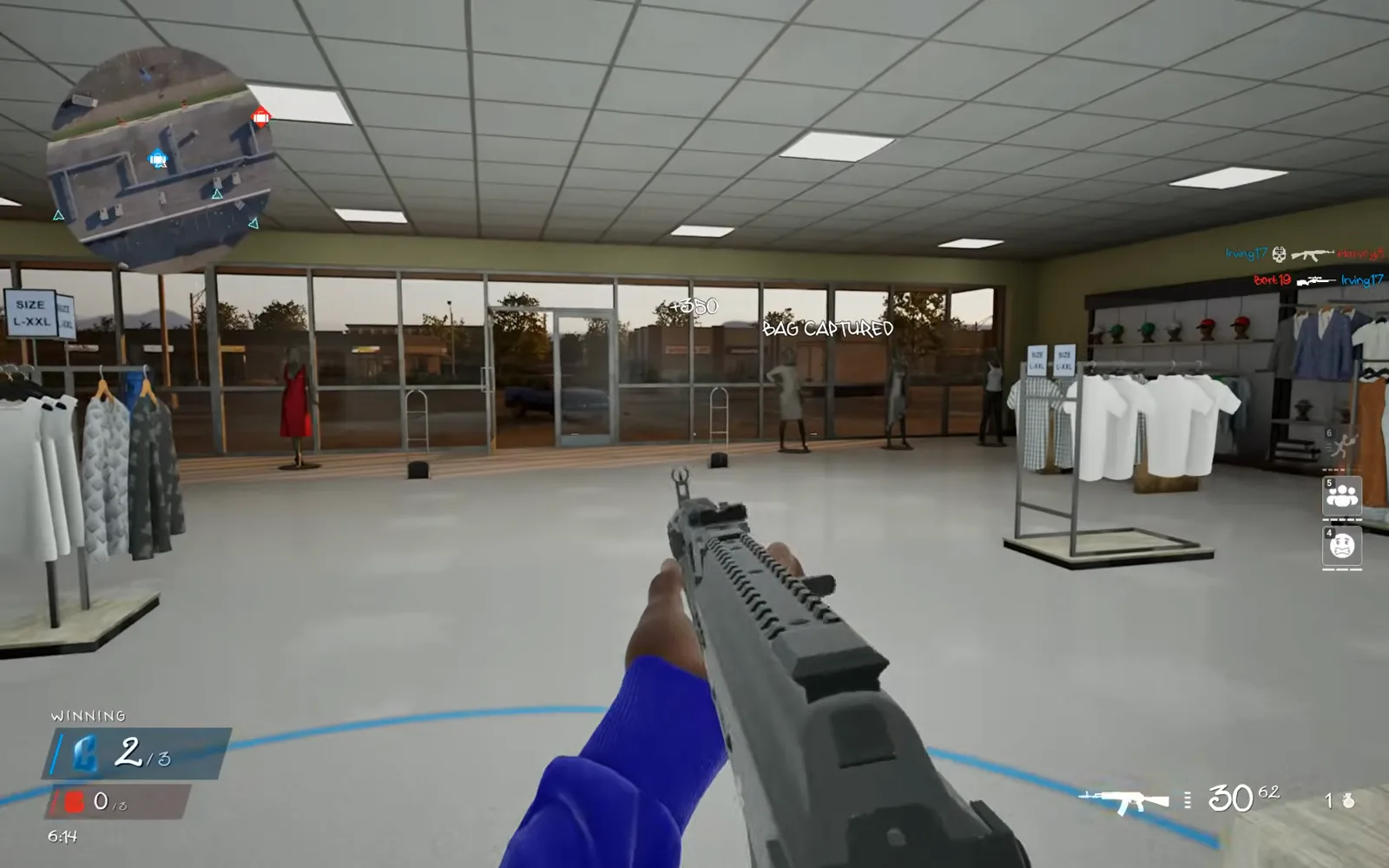 Hood Warfare 2 shows Bag Captured inside the friendly store area as the blue team capture score reaches two.