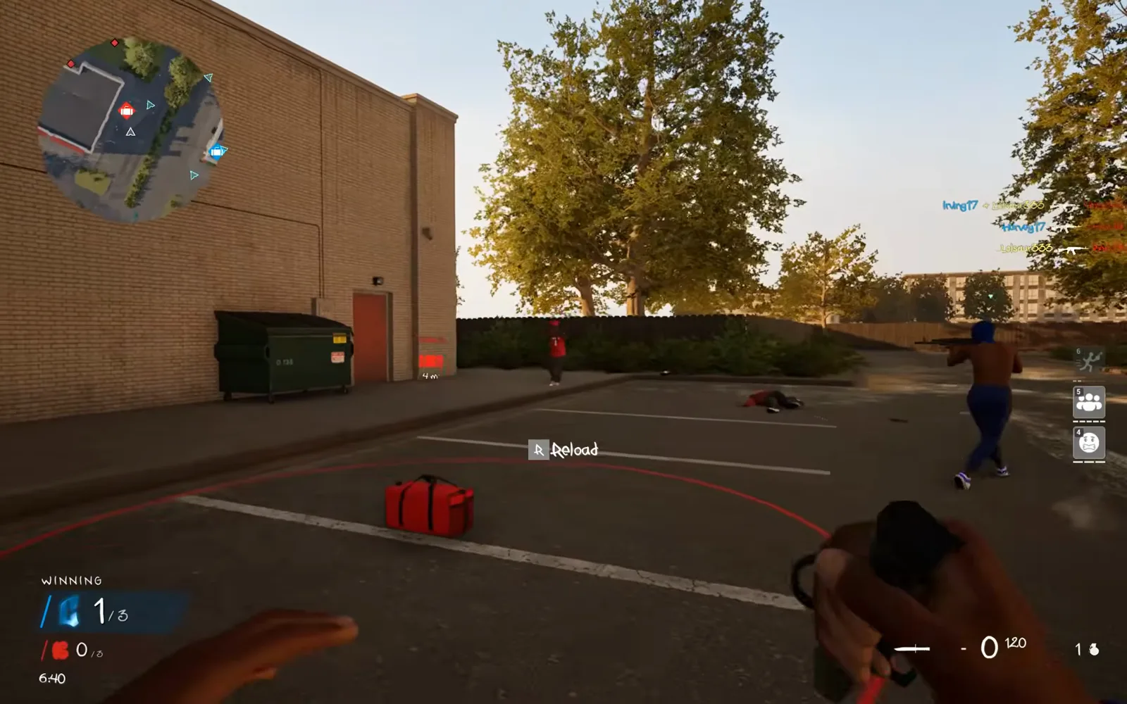 A red enemy bag sits inside the marked pickup area beside a dumpster as the blue-team player reaches it in Hood Warfare 2.